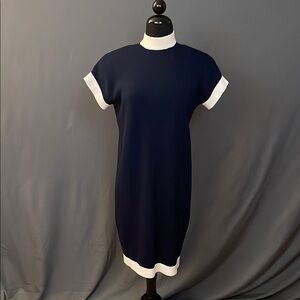 St John Marie Gray Vintage 1980s/1990s Blue and Cream Knit Dress Sz S